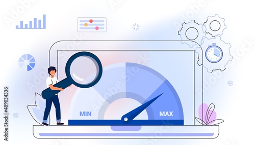 Website loading optimization Page speed and SEO Flat vector concept illustration Website speed Loading time Page optimization Speed test metering dial Slow loading of media content Signal quality