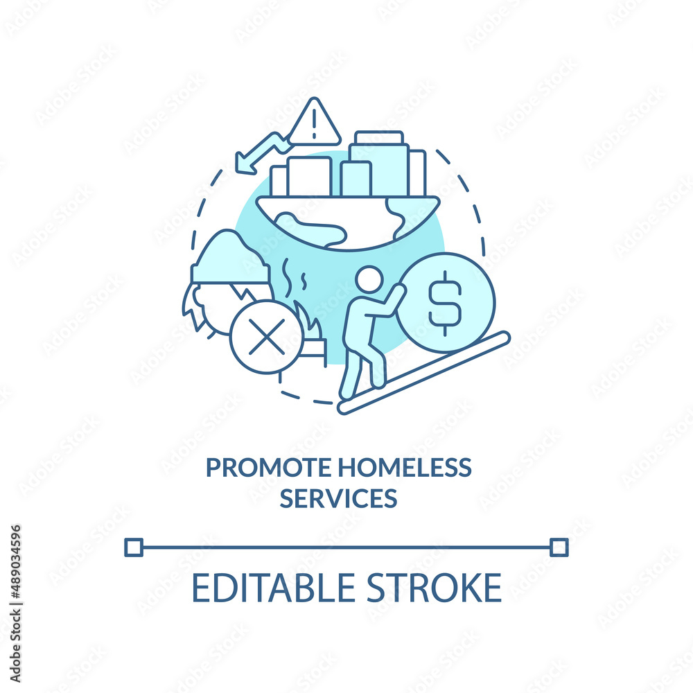 Promote homeless services turquoise concept icon. Affordable housing abstract idea thin line illustration. Isolated outline drawing. Editable stroke. Arial, Myriad Pro-Bold fonts used