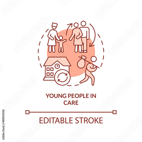Young people in care terracotta concept icon. Living alone at younger age abstract idea thin line illustration. Isolated outline drawing. Editable stroke. Arial, Myriad Pro-Bold fonts used
