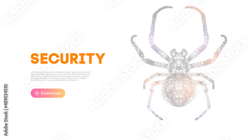 Virus spider in low poly style on blue background. Cybercryme technology network web vector illustration. Internet fraud abstract vector background. Cyber criminal hacker attack.