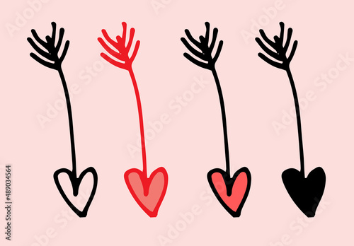 a set of red heart arrowhead. drawn in the udl style variants of an arrow with a heart drawn in the style of doodles, a black outline and a statuette on white for a design template for Valentine's Day