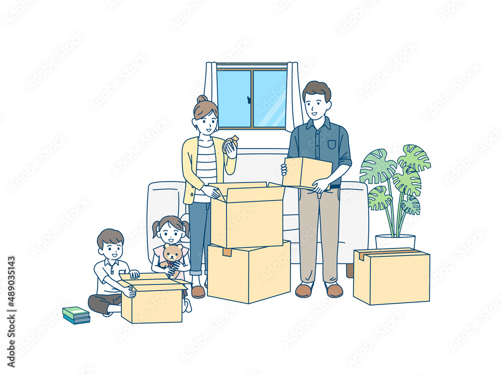 引越しの準備をする家族 親子 荷造り ダンボール イラスト Stock Vector Adobe Stock