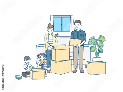 引越しの準備をする家族　親子　荷造り　ダンボール　イラスト