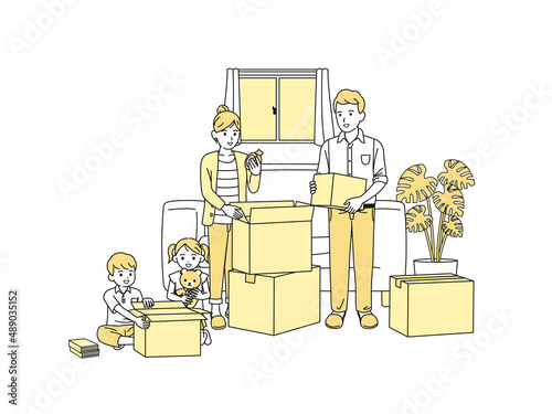引越しの準備をする家族　親子　荷造り　ダンボール　イラスト