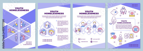 Youth homelessness purple brochure template. Child becoming homeless. Leaflet design with linear icons. 4 vector layouts for presentation, annual reports. Arial-Black, Myriad Pro-Regular fonts used photo