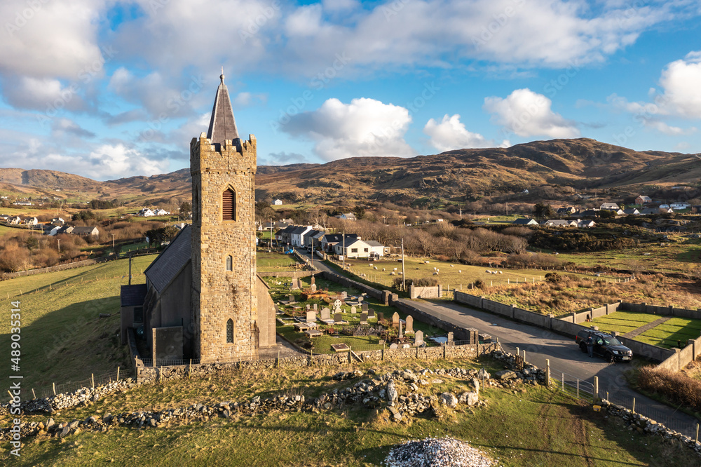 Aerial view of the Church of Ireland in Glencolumbkille - Republic of Ireland