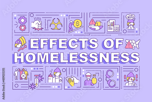 Effects of homelessness word concepts purple banner. Behavioral problems. Infographics with icons on color background. Isolated typography. Vector illustration with text. Arial-Black font used