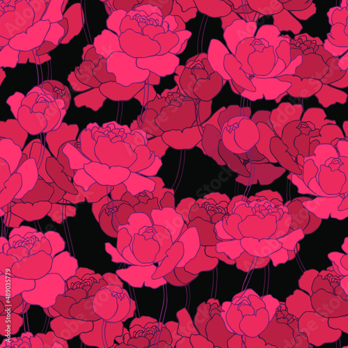 botanical floristic contour flowers peonies open buds .Trendy hand drawn vector isolated minimalistic  floral pattern. Seamless texture for web, textile and stationery. 