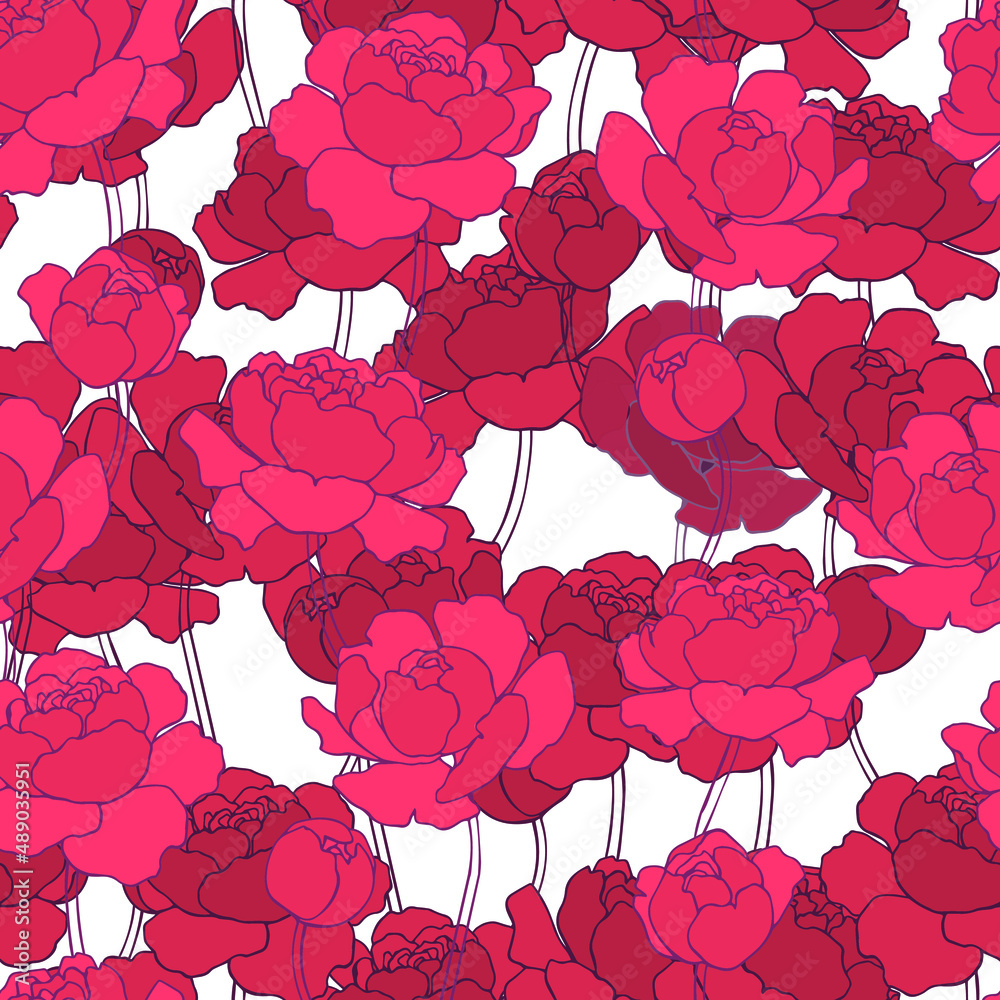 botanical floristic contour flowers peonies open buds .Trendy hand drawn vector isolated minimalistic  floral pattern. Seamless texture for web, textile and stationery. 