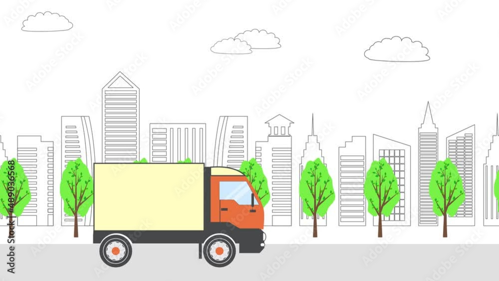 Delivery truck animation against the background of city. 2D animation. Moving city background with trees. Cartoon car.  Fast delivery concept.  Moving truck. MP4. Video.