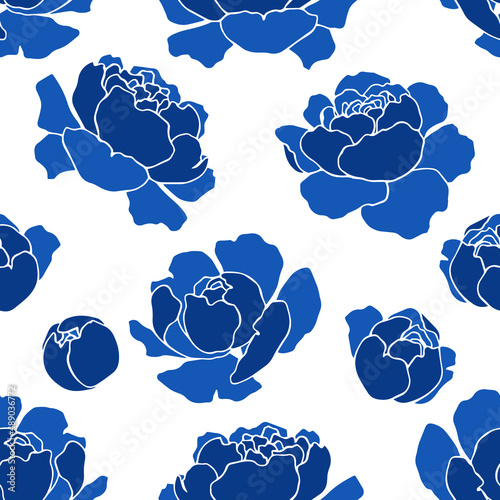 botanical floristic contour flowers peonies open buds .Trendy hand drawn vector isolated minimalistic  floral pattern. Seamless texture for web, textile and stationery. 