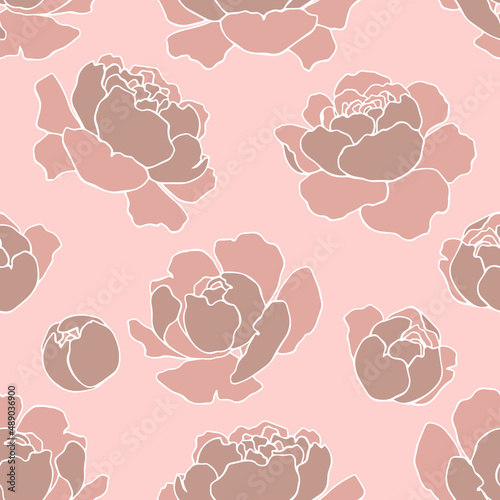 botanical floristic contour flowers peonies open buds .Trendy hand drawn vector isolated minimalistic  floral pattern. Seamless texture for web, textile and stationery. 
