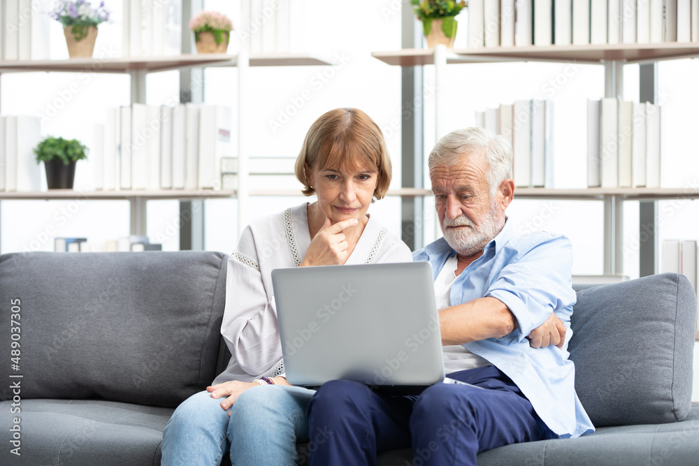 senior couple using laptop computer on sofa