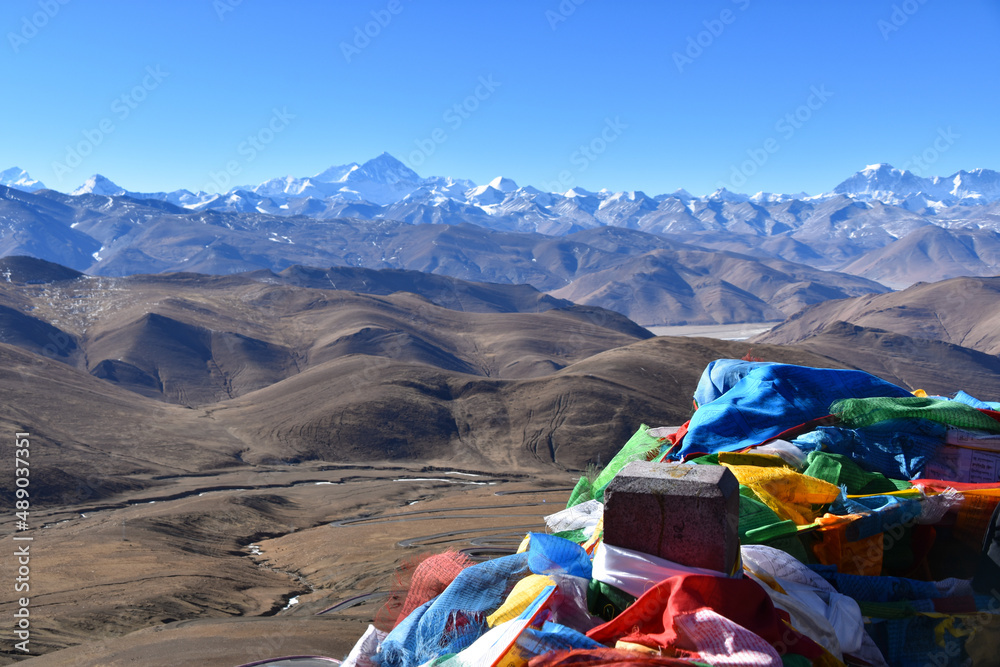 Buddhist Prayer Flags overlooking Mount Everest in Tibet