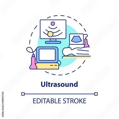 Ultrasound concept icon. Body research technique. Diagnostic imaging abstract idea thin line illustration. Isolated outline drawing. Editable stroke. Arial, Myriad Pro-Bold fonts used