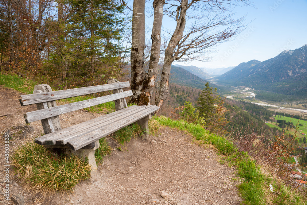 lookout point Krepelschrofen with bench, view to wild Obere Isar river valley, bavaria lookout point Krepelschrofen with bench, view to wild Obere Isar river valley, bavaria