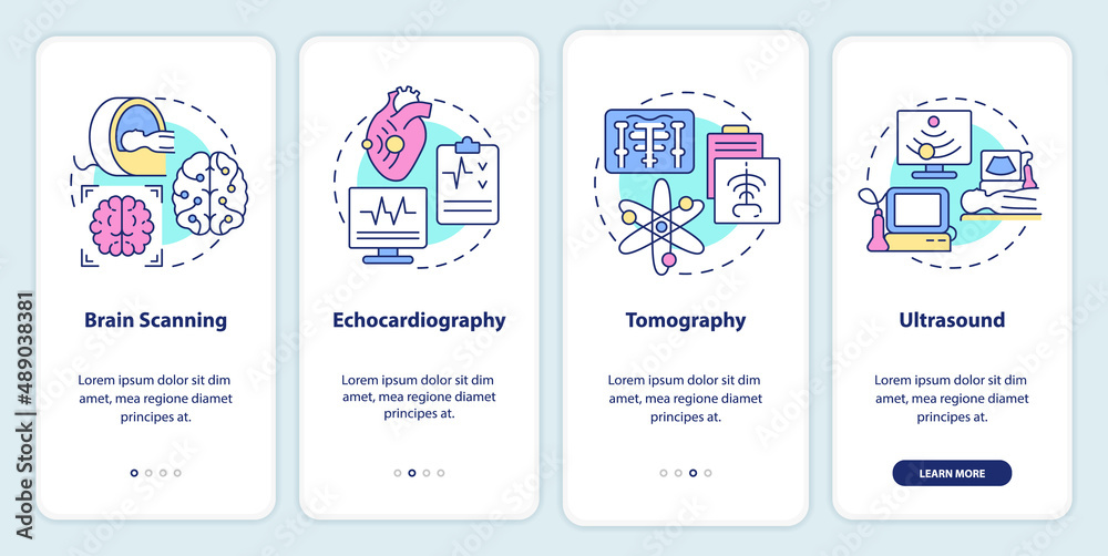 Fototapeta premium Diagnostic imaging onboarding mobile app screen. Medical research walkthrough 4 steps graphic instructions pages with linear concepts. UI, UX, GUI template. Myriad Pro-Bold, Regular fonts used