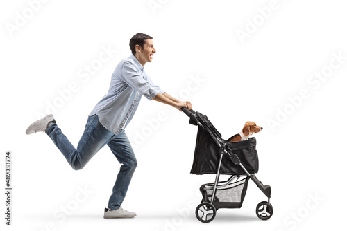 Full length profile shot of a casual young man pushing a dog stroller and running