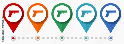 Gun, pistol concept vector icon set, flat design weapon pointers, infographic template easy to edit