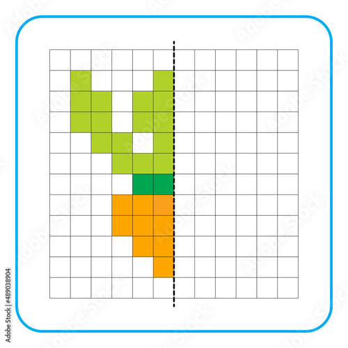 Picture reflection educational game for children. Learn to complete symmetrical worksheets for preschool activities. Coloring grid pages, visual perception and pixel art. Finish the carrot image.