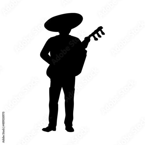 Silhouette mexican man playing big guitar gitarron