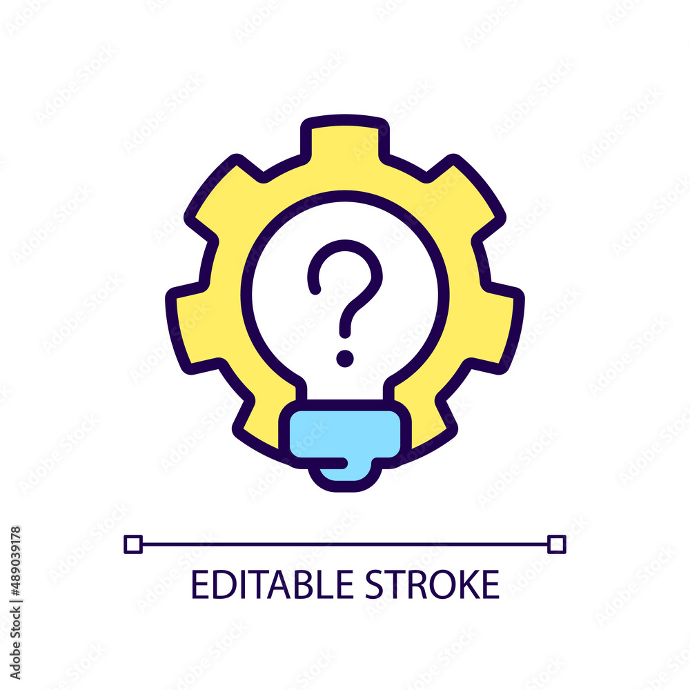 Creative question RGB color icon. Lightbulb and cogwheel. Invention work and innovation idea. Isolated vector illustration. Simple filled line drawing. Editable stroke. Arial font used Creative question RGB color icon. Lightbulb and cogwheel. Invention work and innovation idea. Isolated vector illustration. Simple filled line drawing. Editable stroke. Arial font used