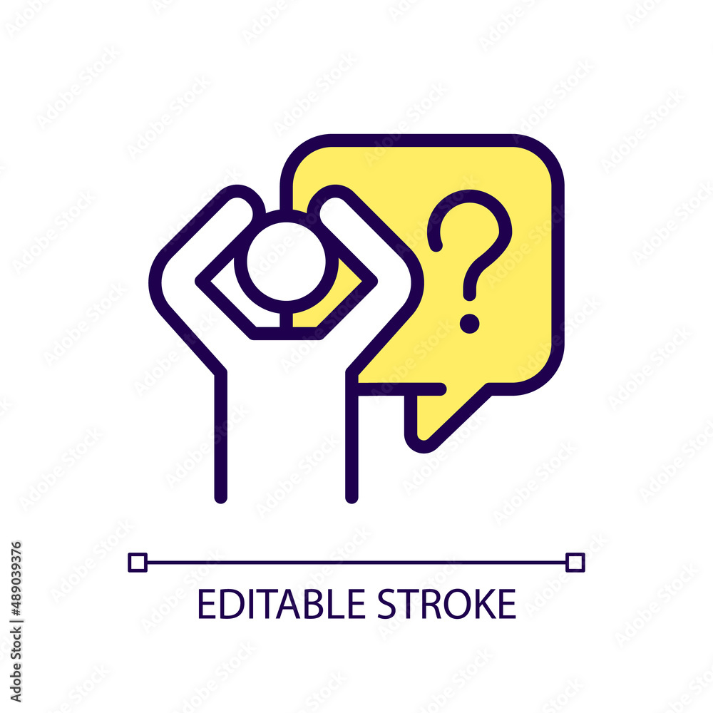 Fear RGB color icon. Scared person with difficult question. Depression and mental disorder. Isolated vector illustration. Simple filled line drawing. Editable stroke. Arial font used