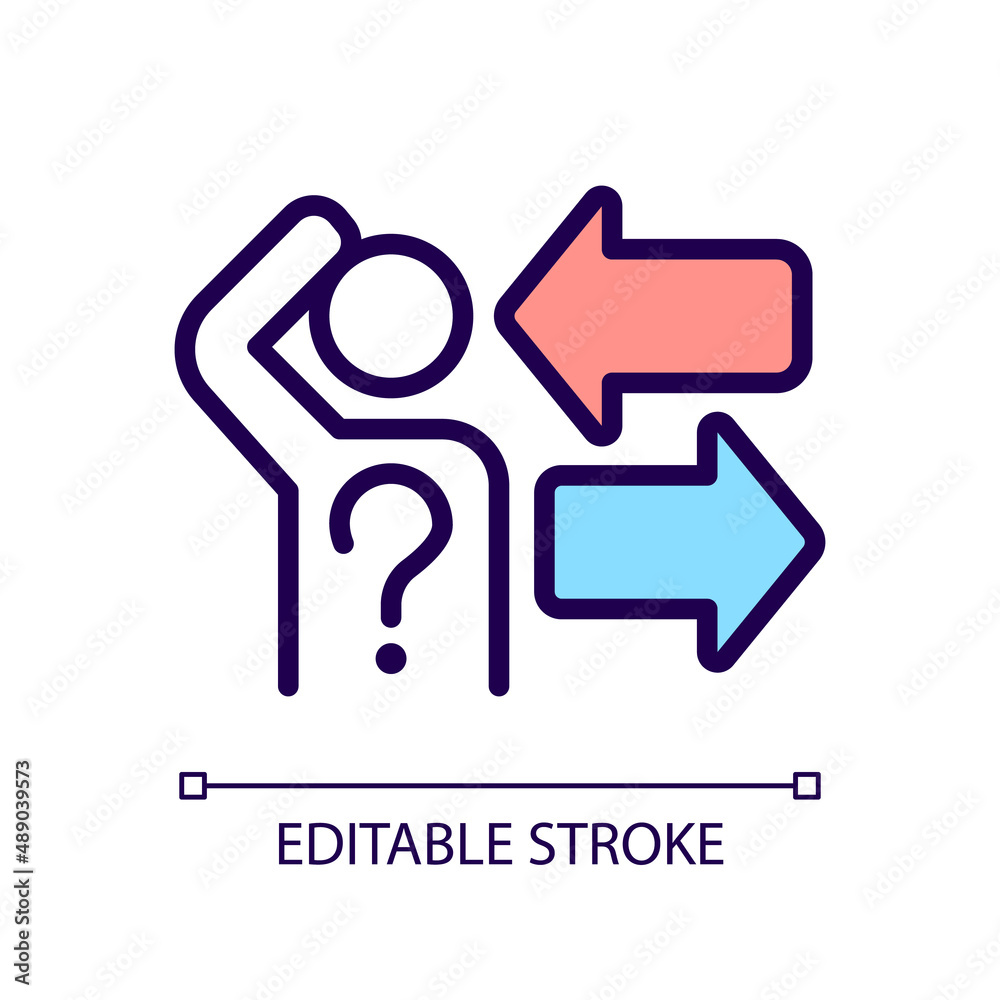 Difficult choice RGB color icon. Thinking person, question mark and arrows. Problem solving. Isolated vector illustration. Simple filled line drawing. Editable stroke. Arial font used