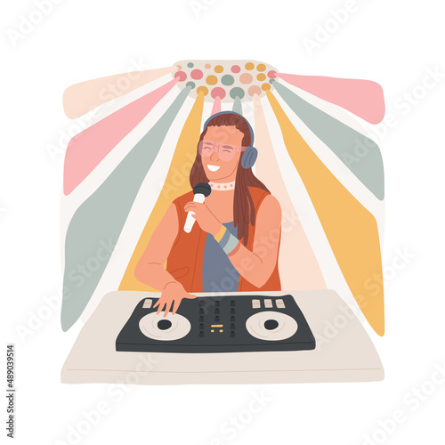 Hip-hop DJ isolated cartoon vector illustration. Glamorous dj teenage girl with microphone mixing sound on her console at home, colorful strobe lighting, music world vector cartoon.