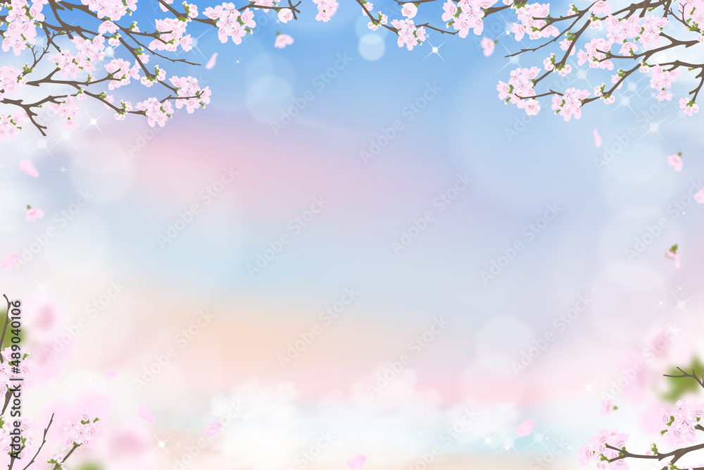 Spring cherry blossom on blue and pink pastel sky background, Vector illustration Pink sakura flower blooming on springtime with falling petals, Sweet background banner for Spring or Summer sale