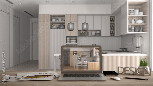 Architect designer desktop concept, laptop on wooden work desk with screen showing interior design project, blueprint draft background, modern wooden kitchen with dining table