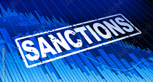 Investment sanctions and economic sanction or government restrictions or punitive tariffs as a financial stock market investing penalty or commercial trade barrier as a blue background