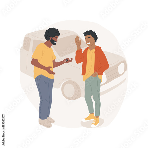 First car isolated cartoon vector illustration. Parents give teenage son first car as a birthday present, holding keys, permission to drive, family relationship, happy teen vector cartoon.