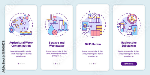 Types of water contamination onboarding mobile app screen. Oil pollution walkthrough 4 steps graphic instructions pages with linear concepts. UI, UX, GUI template. Myriad Pro-Bold, Regular fonts used