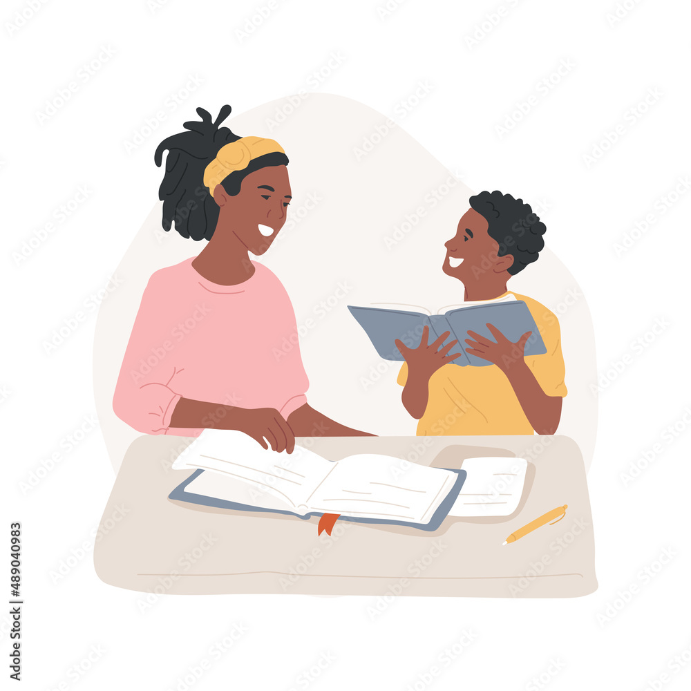 Parents help isolated cartoon vector illustration. Smiling teenager with mother doing homework together, both laughing, school subjects studying with parent, getting help vector cartoon.