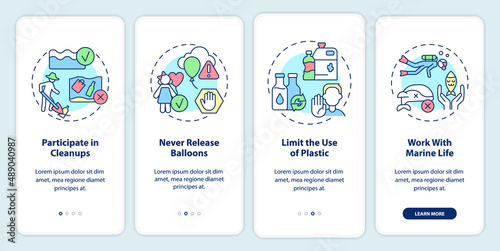 Protecting marine life onboarding mobile app screen. Beach cleanups walkthrough 4 steps graphic instructions pages with linear concepts. UI, UX, GUI template. Myriad Pro-Bold, Regular fonts used