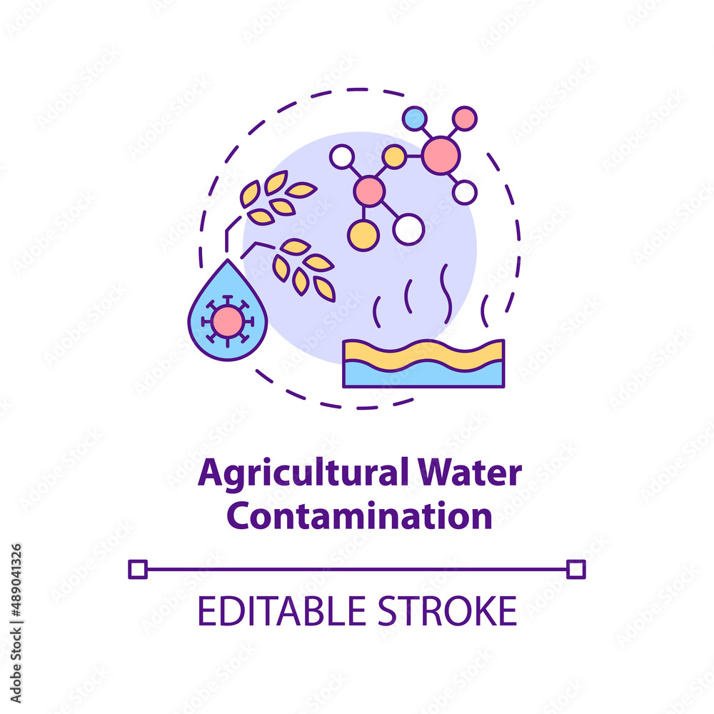 Agricultural water contamination concept icon. Water pollution type abstract idea thin line illustration. Pesticides usage. Isolated outline drawing. Editable stroke. Arial, Myriad Pro-Bold fonts used