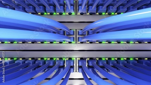 Network infrastructure with huge amount network switches in the server room with blinking interface leds. Telecom technology with internet networking communication in the cloud hosting datacenter. photo