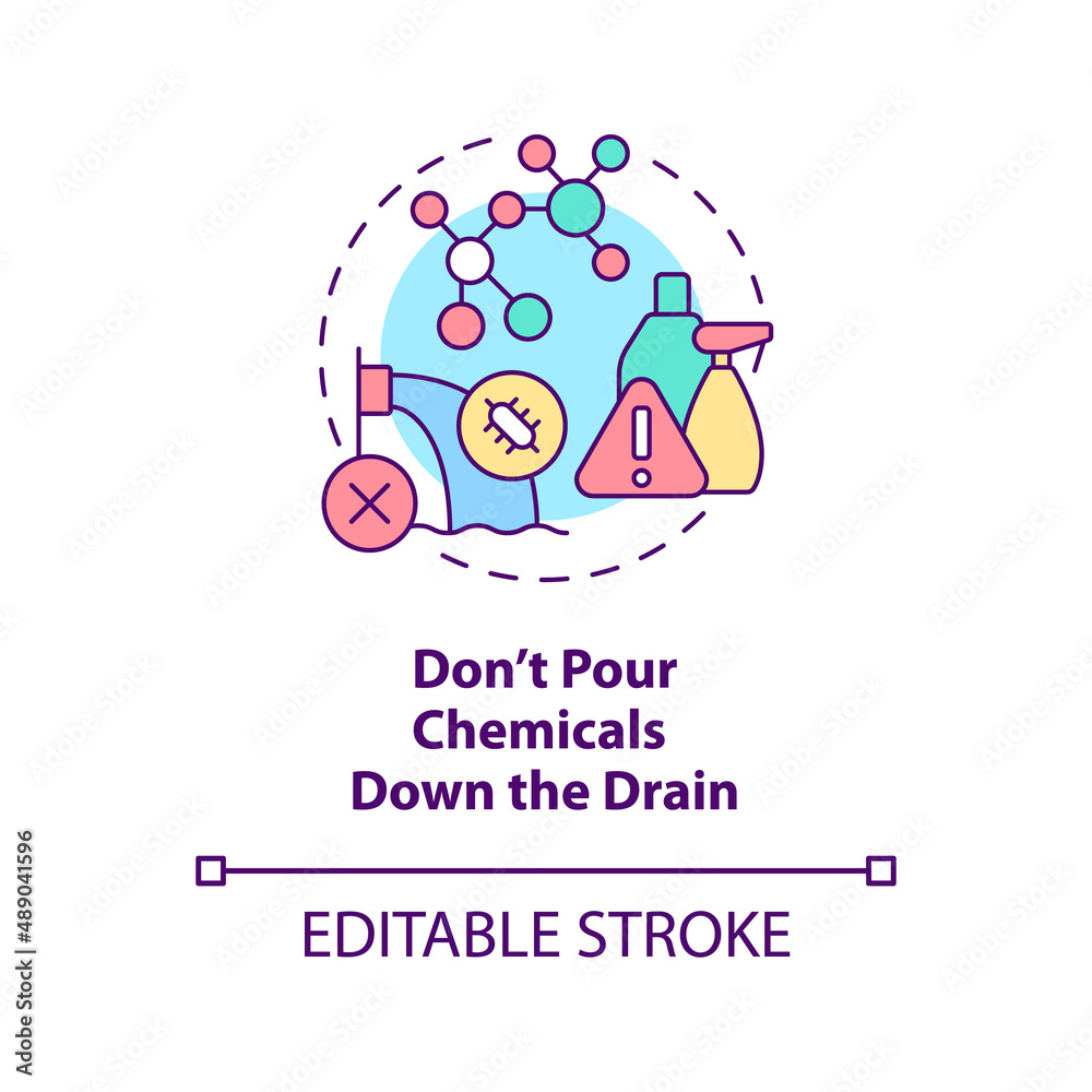 Dont pour chemicals down drain concept icon. Combat water contamination abstract idea thin line illustration. Isolated outline drawing. Editable stroke. Arial, Myriad Pro-Bold fonts used Dont pour chemicals down drain concept icon. Combat water contamination abstract idea thin line illustration. Isolated outline drawing. Editable stroke. Arial, Myriad Pro-Bold fonts used