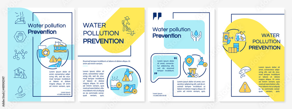 Reducing water pollution blue and yellow brochure template. Conservation tips. Leaflet design with linear icons. 4 vector layouts for presentation, annual reports. Questrial, Lato-Regular fonts used