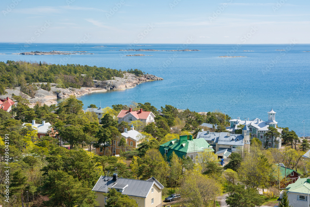 View of the Hanko town, old wooden villas and sea, Finland