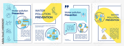 Reducing water pollution blue and yellow brochure template. Conservation tips. Leaflet design with linear icons. 4 vector layouts for presentation, annual reports. Questrial, Lato-Regular fonts used