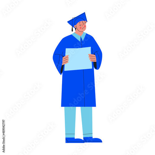 Sad guy in blue graduation gown and hat is holding sign. Problems of college or university graduates. Character vector illustration.