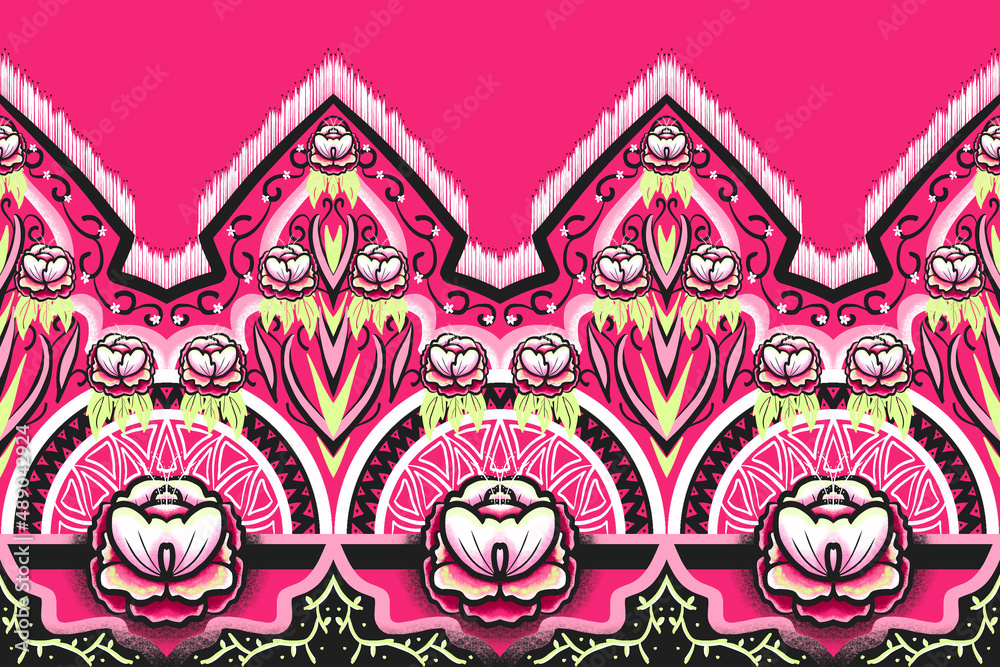 Pink, Green, White Black Flower on Pink. Geometric ethnic oriental pattern traditional Design for background,carpet,wallpaper,clothing,wrapping,Batik,fabric, illustration embroidery style Pink, Green, White Black Flower on Pink. Geometric ethnic oriental pattern traditional Design for background,carpet,wallpaper,clothing,wrapping,Batik,fabric, illustration embroidery style