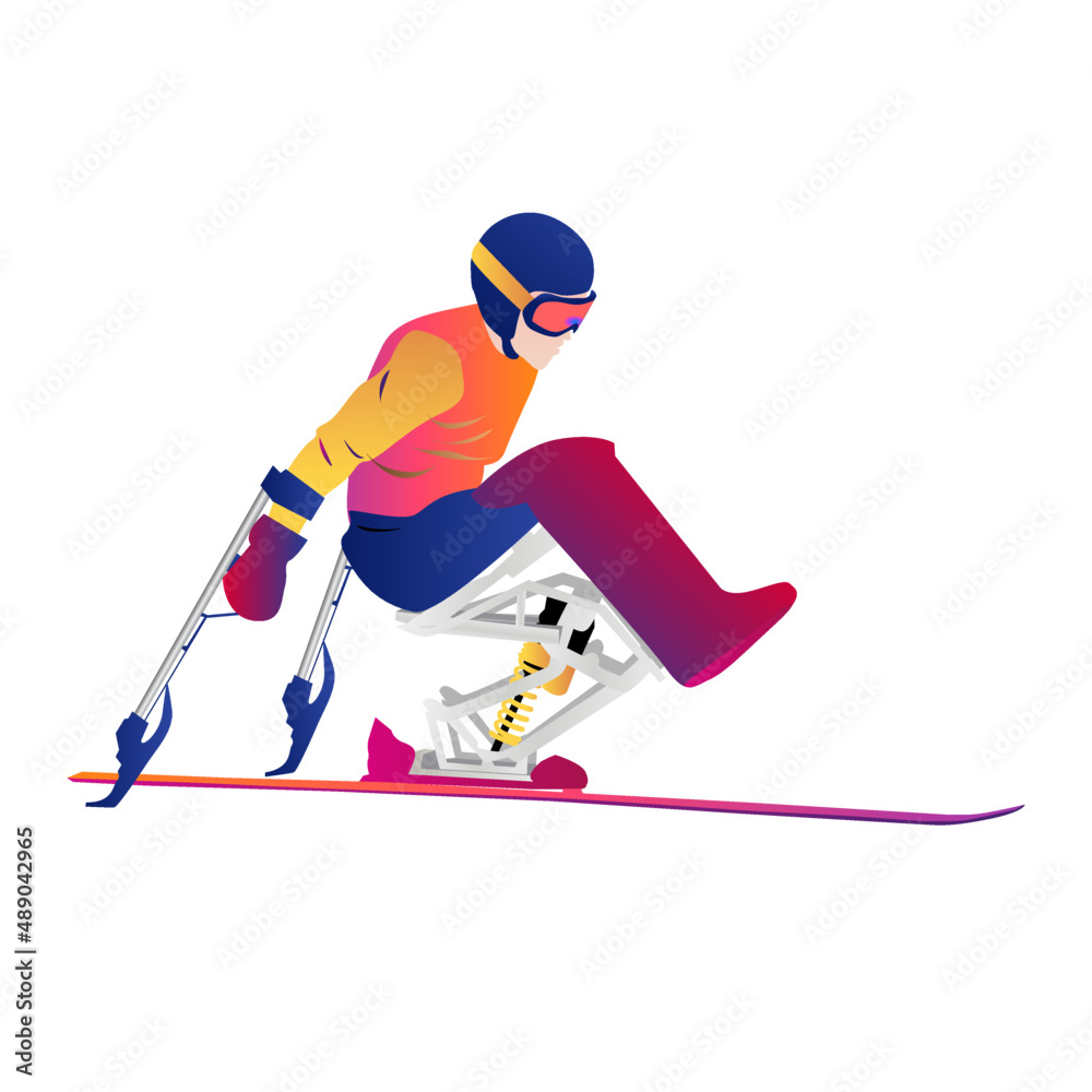 Abstract man skiing on mono-ski isolated on white background. Vector  graphic illustration. para-alpine skiing Stock Vector