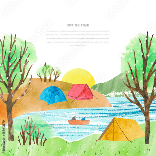 Spring watercolor travel vector illustration with tents, trees, fishermen, river and sun. Template frame for invitation, poster, flyer, banner, card. Place for message