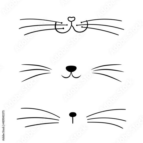 Set of vector flat cat heart nose. Cute cat face silhouette icon collection. Logo illustration isolated on white background