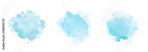Abstract pattern with blue watercolor clouds on white background. Cyan watercolour water brash splash texture. Set of vector pastel color paint stain. Blue watercolor background