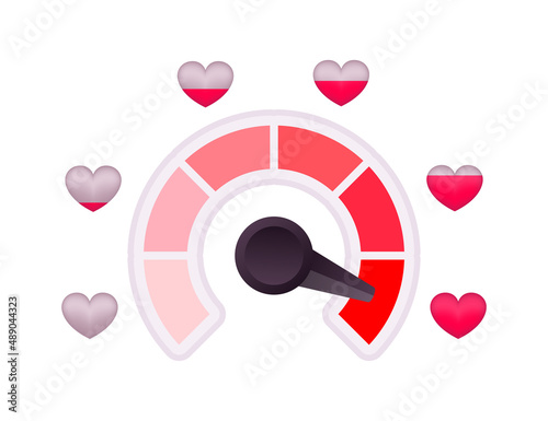 Love meter, heart indicator. Valentines day concept. High speed. Vector stock illustration.