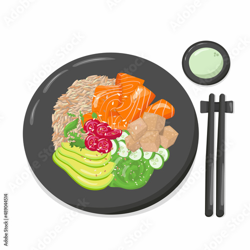 Top view salmon poke bowl illustration Hawaiian cuisine. Vector stock illustration isolated on white background for menu fast food restaurant with healthy, bio, organic meals. 